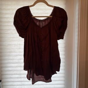 Anthropologie Lace-Trim Button Front Blouse - Deep Brown